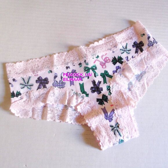 PINK Victoria Secret Cotton Ribbed Cheeky Panty S M L XL Lace Trim Bows Pink - Picture 2 of 7
